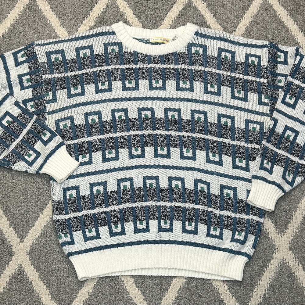 Adam Sloane Vintage Geometric Patterned Blue and White Sweater